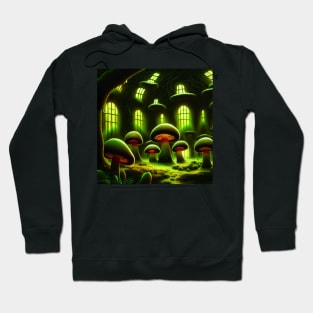 Magical Building Cottage Mushroom House with Lights in Forest with High Trees, Scenery Nature Hoodie